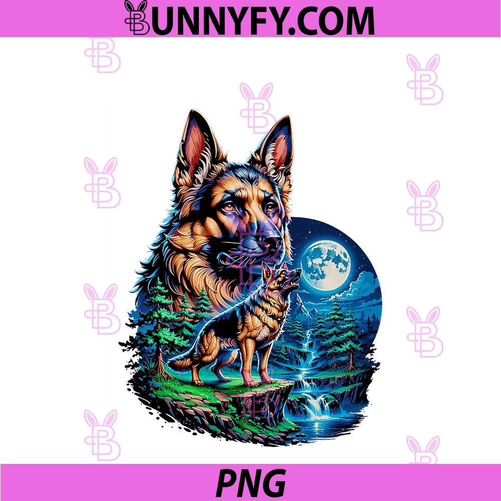 Majestic German Shepherd PNG, Dog Moonlit Forest Waterfall PNG