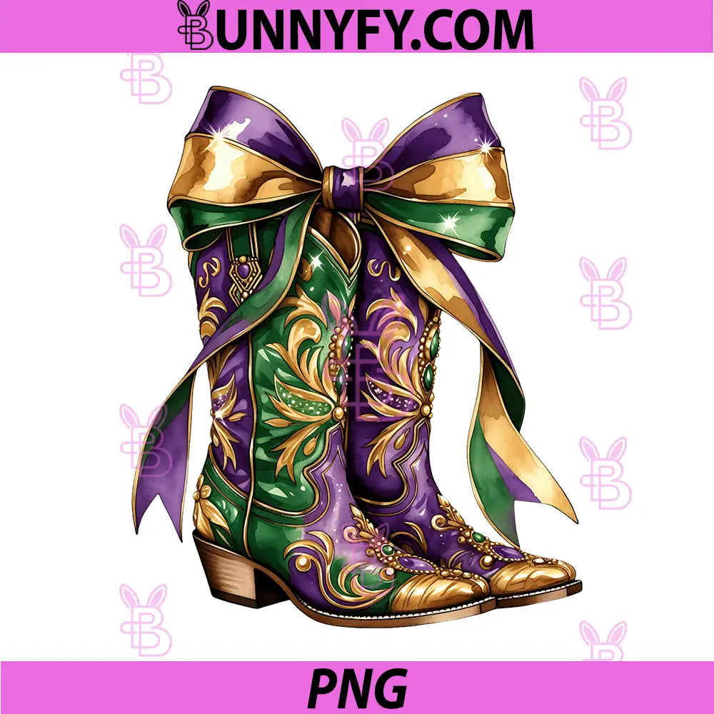 Mardi Gras Cowgirl Boots PNG, Cowboy Coquette Bow NOLA PNG