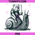 Medieval Bulldog Knight Riding Snail PNG, Vintage Funny Dog Meme PNG