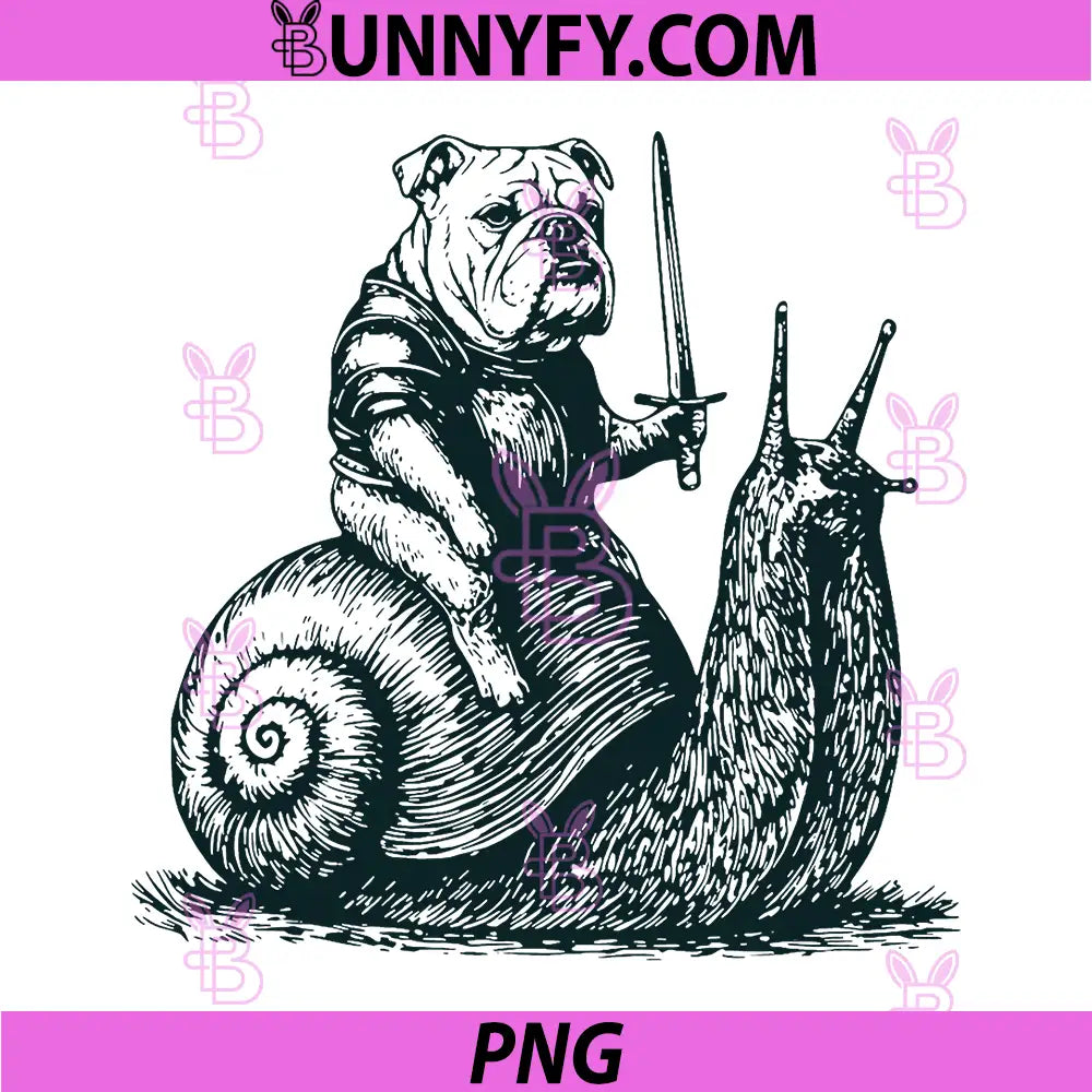 Medieval Bulldog Knight Riding Snail PNG, Vintage Funny Dog Meme PNG