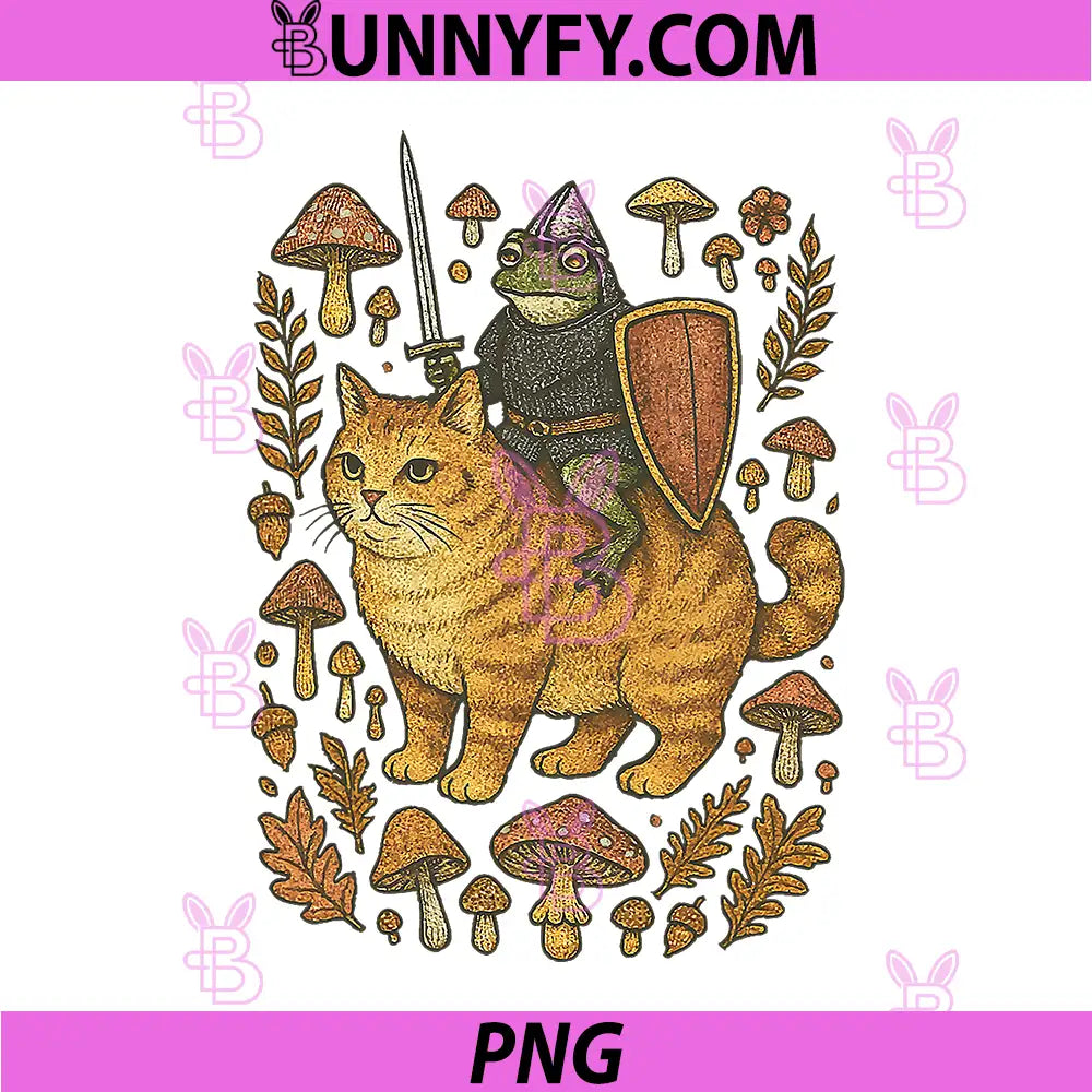 Medieval Frog Knight Riding Cat PNG, Vintage Mushroom Fantasy Art PNG