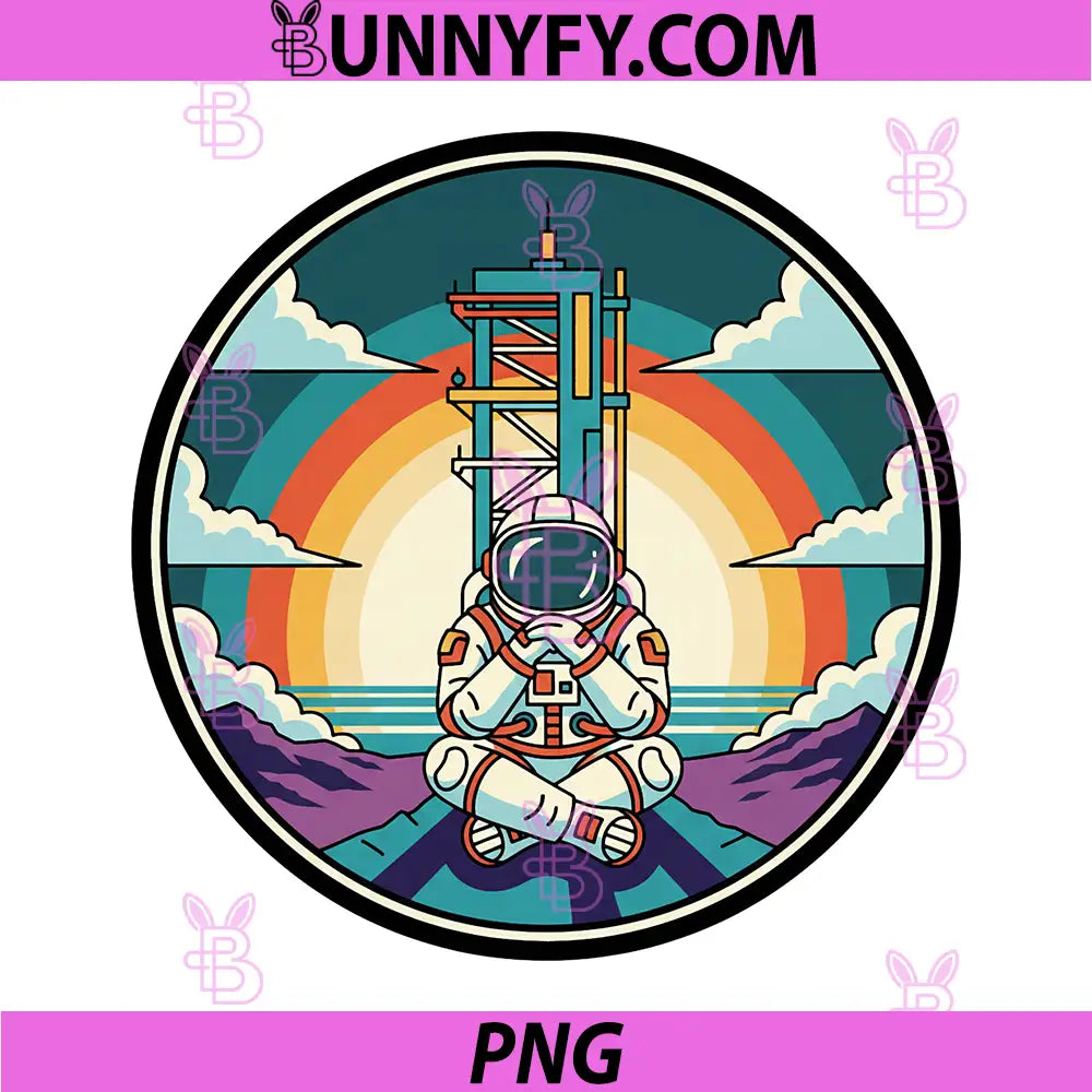 Meditating Astronaut PNG, Retro Space Sunset Graphic PNG