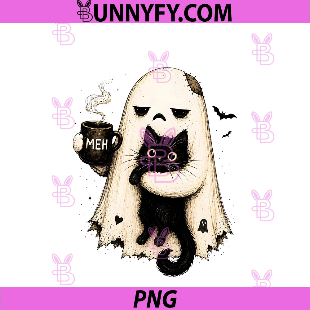 Meh Ghost Cat Spooky Black Cat PNG, Funny Halloween Coffee Lover PNG