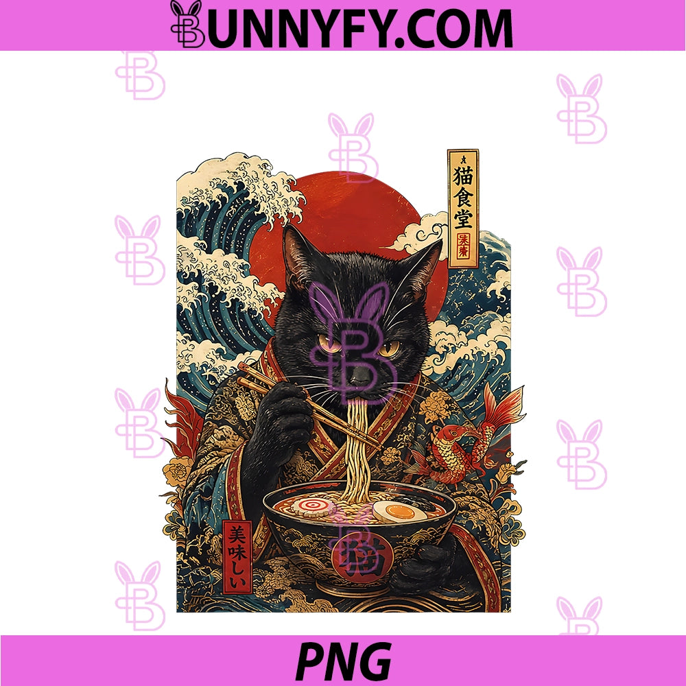 Men's Black Cat Eating Ramen PNG, Japanese Art Print PNG