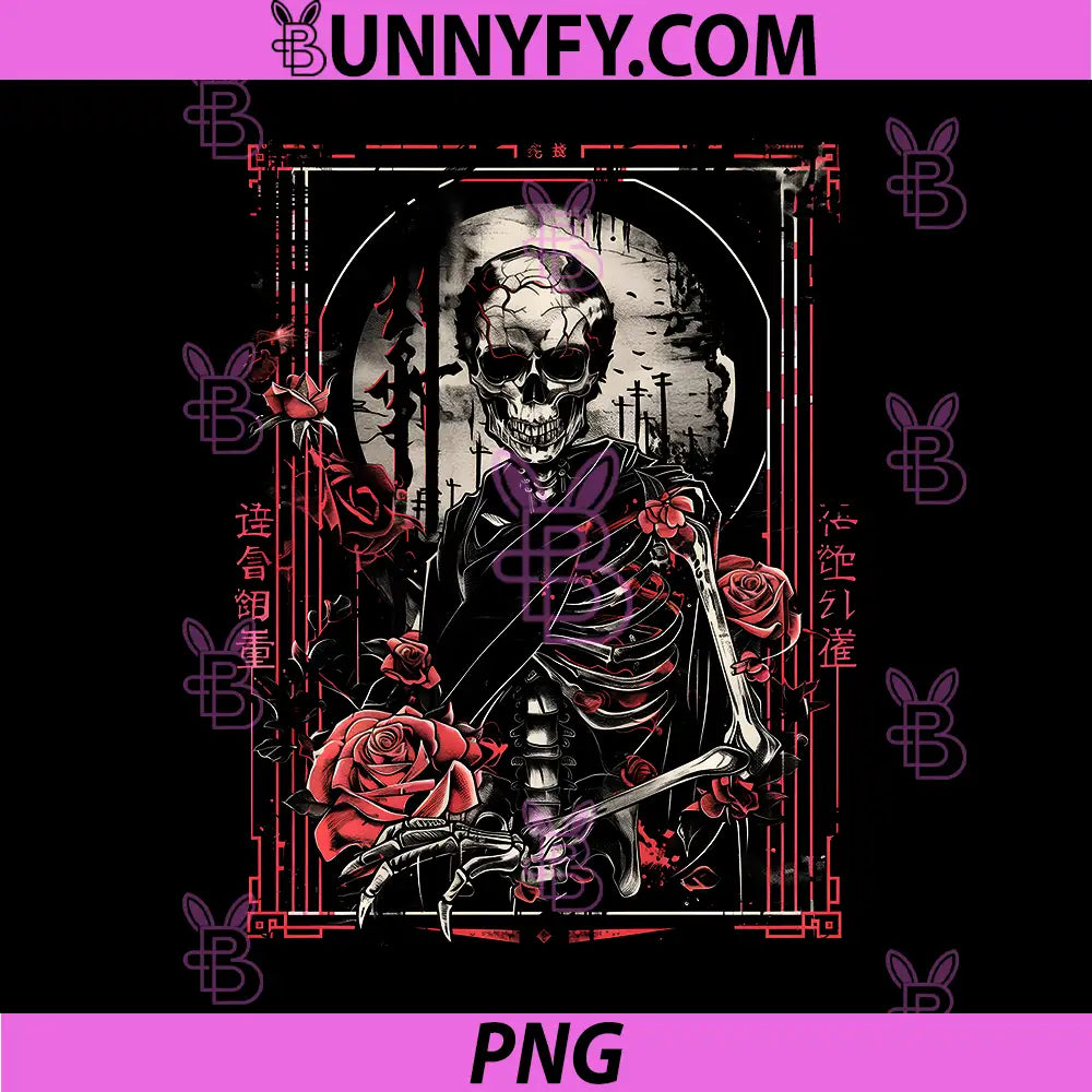 Anime Japanese Goth Cyberpunk City PNG, Skeleton Roses Gothic PNG