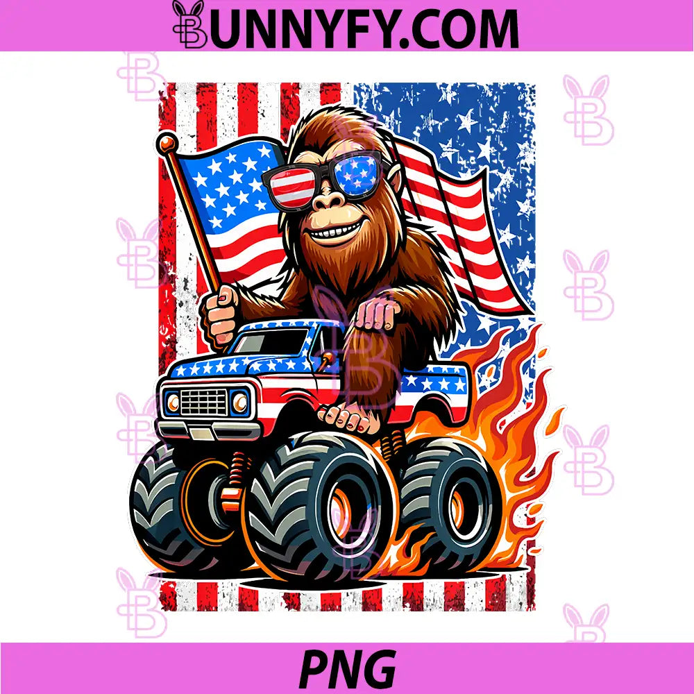 Bigfoot Holding USA Flag PNG, Monster Truck Sasquatch 4th of July PNG