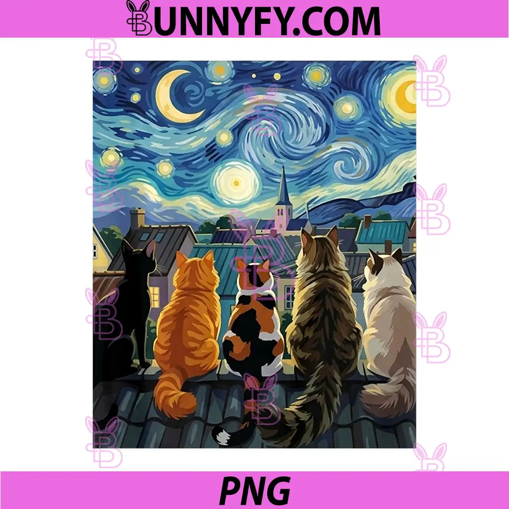 Funny Cat Starry Night Van Gogh PNG, Cats Rooftop Scene Feline Performance PNG