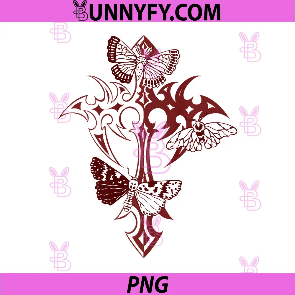 Y2k Mall Trad Goth Grunge PNG, Aesthetic Gothic Cross with Moth PNG