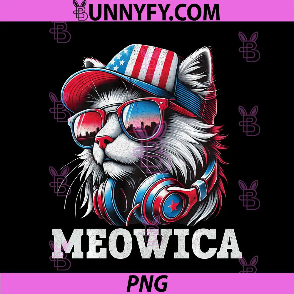 Meowica 4th of July PNG, Cat USA Flag Vintage Funny PNG