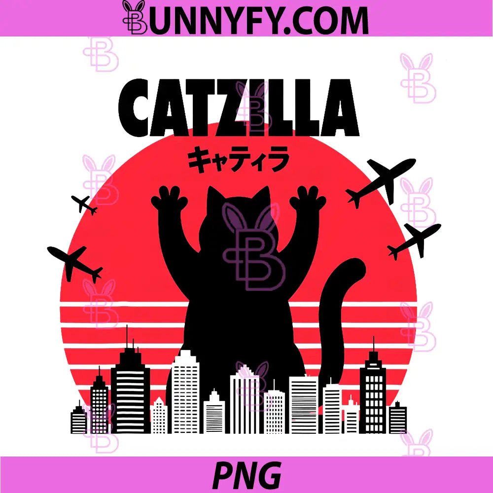 Minimalist Catzilla PNG, Japanese Cat Funny PNG, Monster Kaiju City PNG