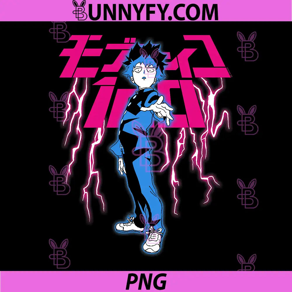 Mob Psycho 100 Shigeo with Pink PNG, Lightning and Kanji Anime PNG