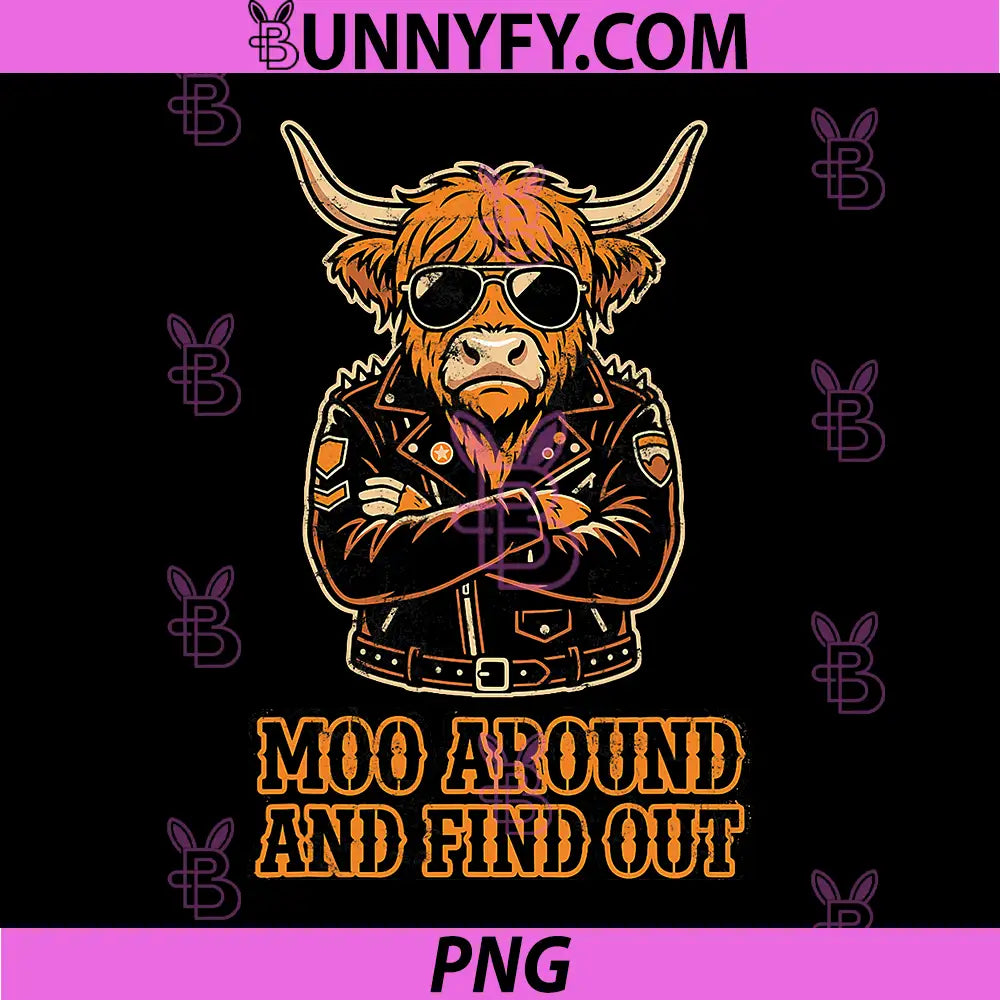 Moo Around and Find Out PNG, Highland Cow Leather Jacket Biker PNG