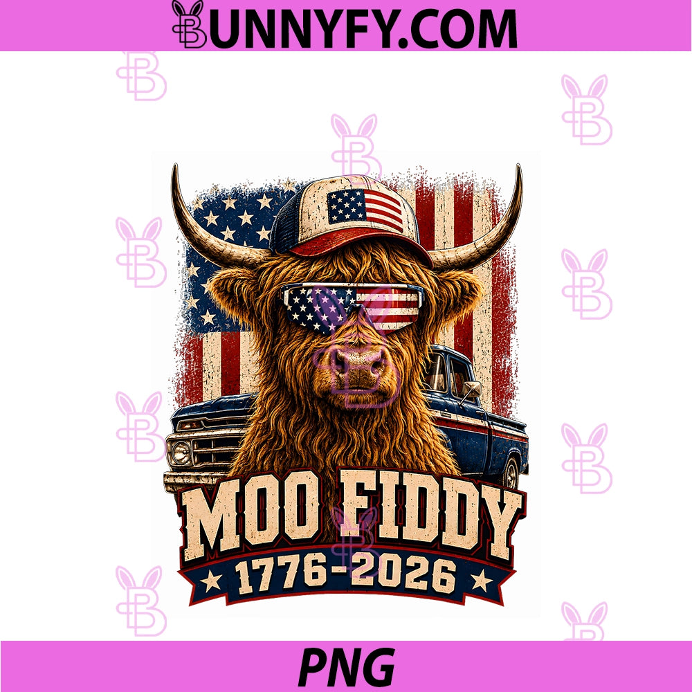 Moo Fiddy 250th PNG, Anniversary Highland Cow PNG