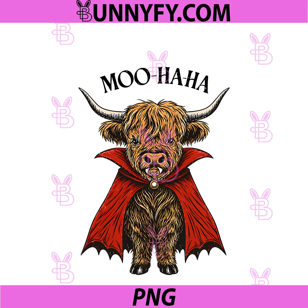 Moo Haha PNG, Funny Vampire Highland Cow Halloween Design PNG