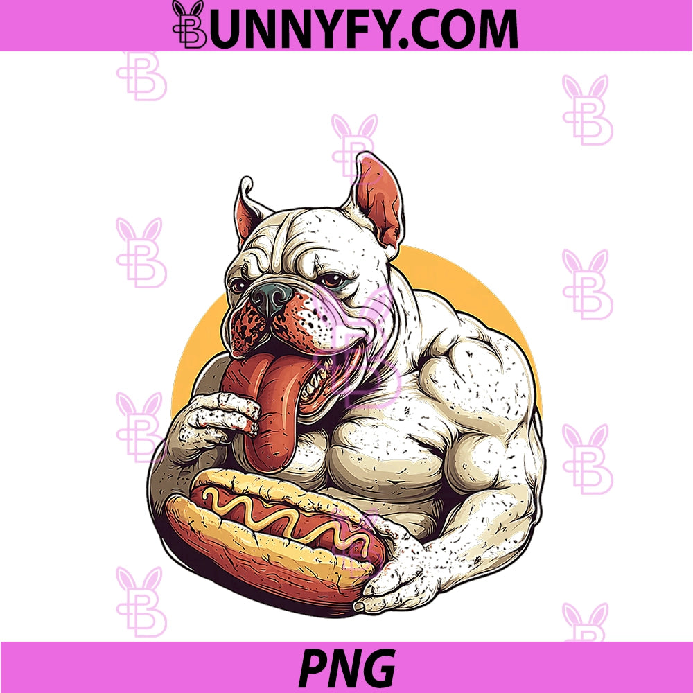 Muscular Bulldog Eating Hot Dog PNG, Funny Canine PNG