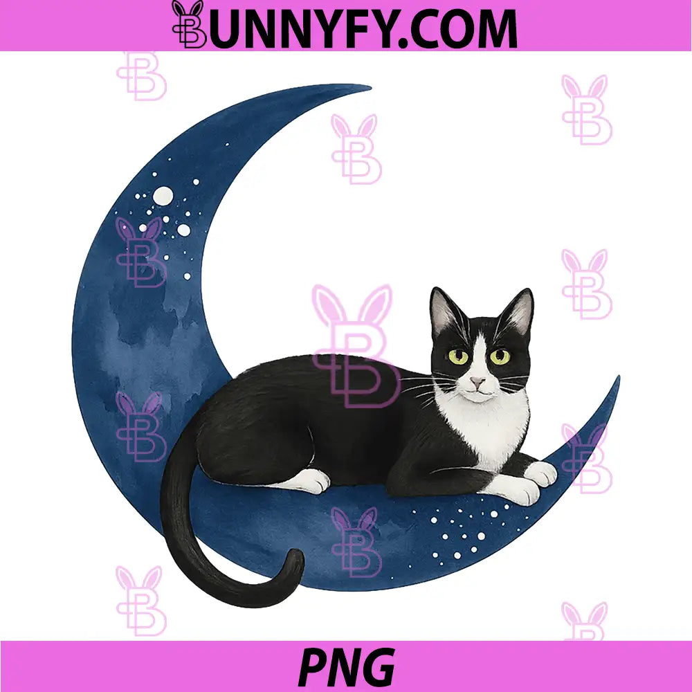 Mystic Moon Cat Illustration PNG, Black And White Cat On Moon PNG
