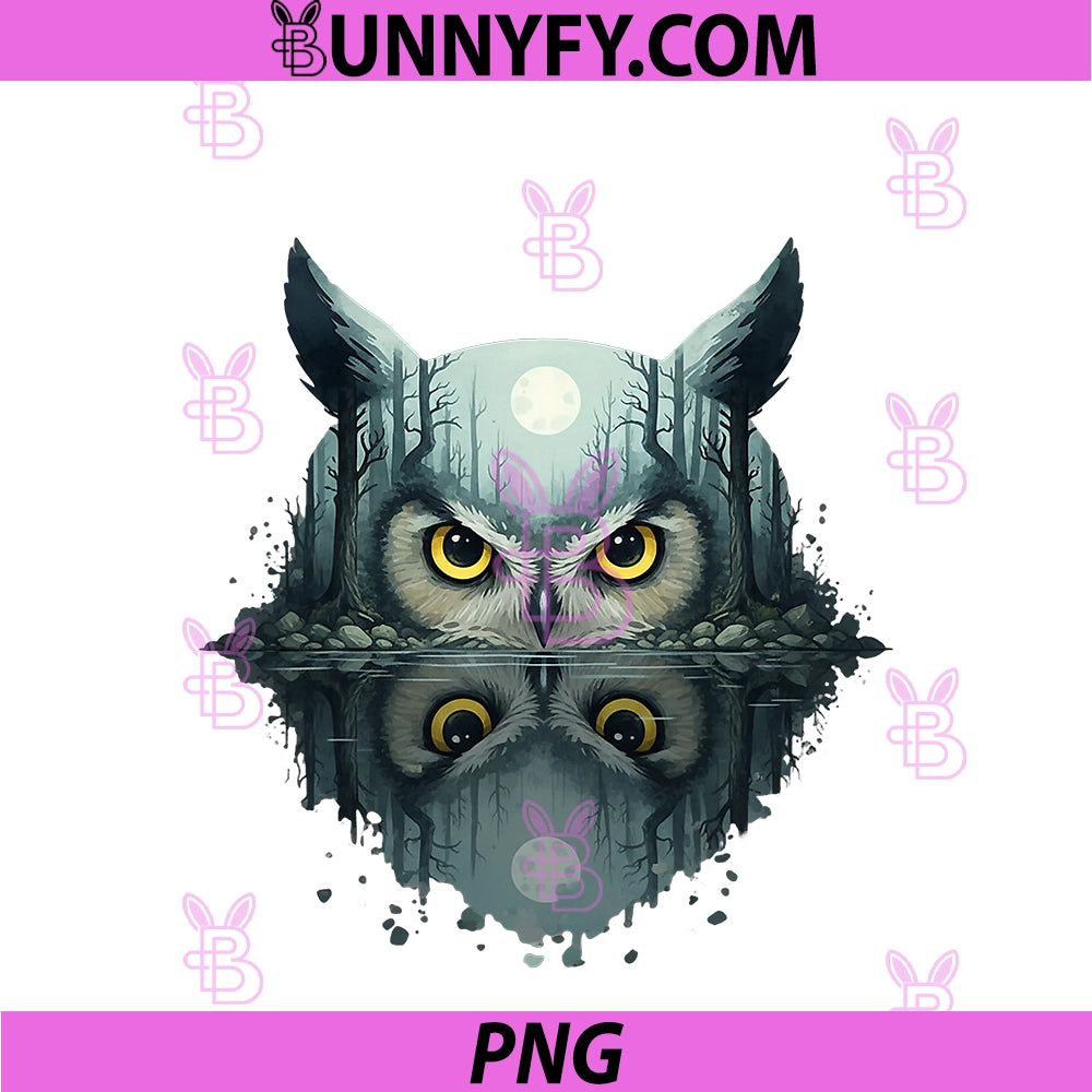 Mystic Owl Forest Water Reflection Moon PNG, Wildlife Nature Art PNG