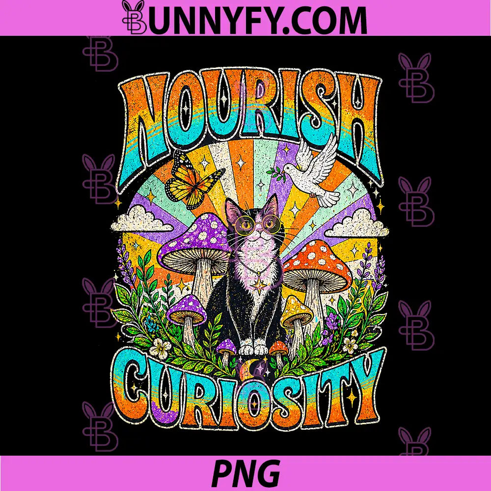 Nourish Curiosity PNG, Psychedelic Tuxedo Cat Trippy Mushroom PNG
