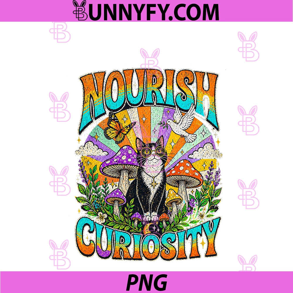 Nourish Curiosity Psychedelic Tuxedo Cat PNG, Trippy Mushroom PNG