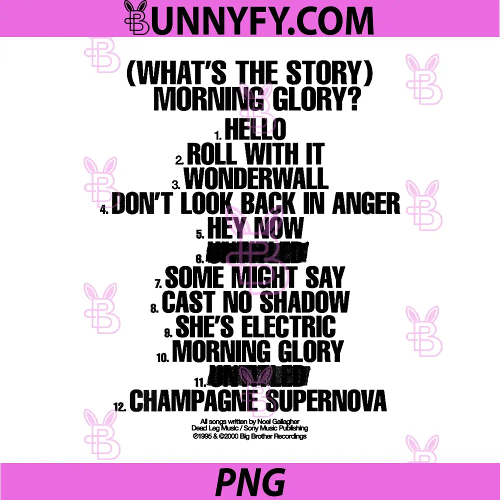 Oasis Morning Glory Tracklist PNG, Britpop Album Typography Art PNG