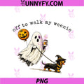 Off To Walk My Weenie PNG, Funny Dachshund Halloweenie Ghost Art PNG