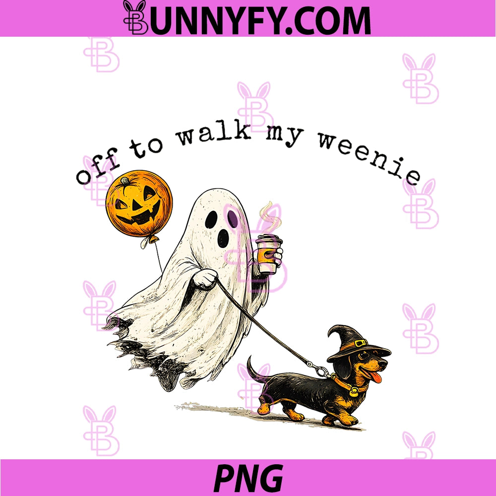 Off To Walk My Weenie PNG, Funny Dachshund Halloweenie Ghost Art PNG