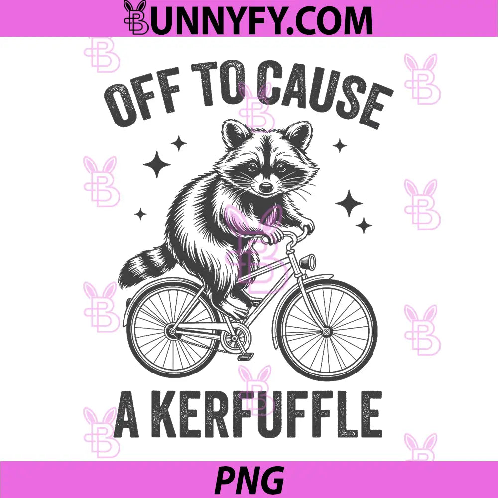 Off to Cause A Kerfuffle PNG, Raccoon Riding A Bike Funny Quote PNG