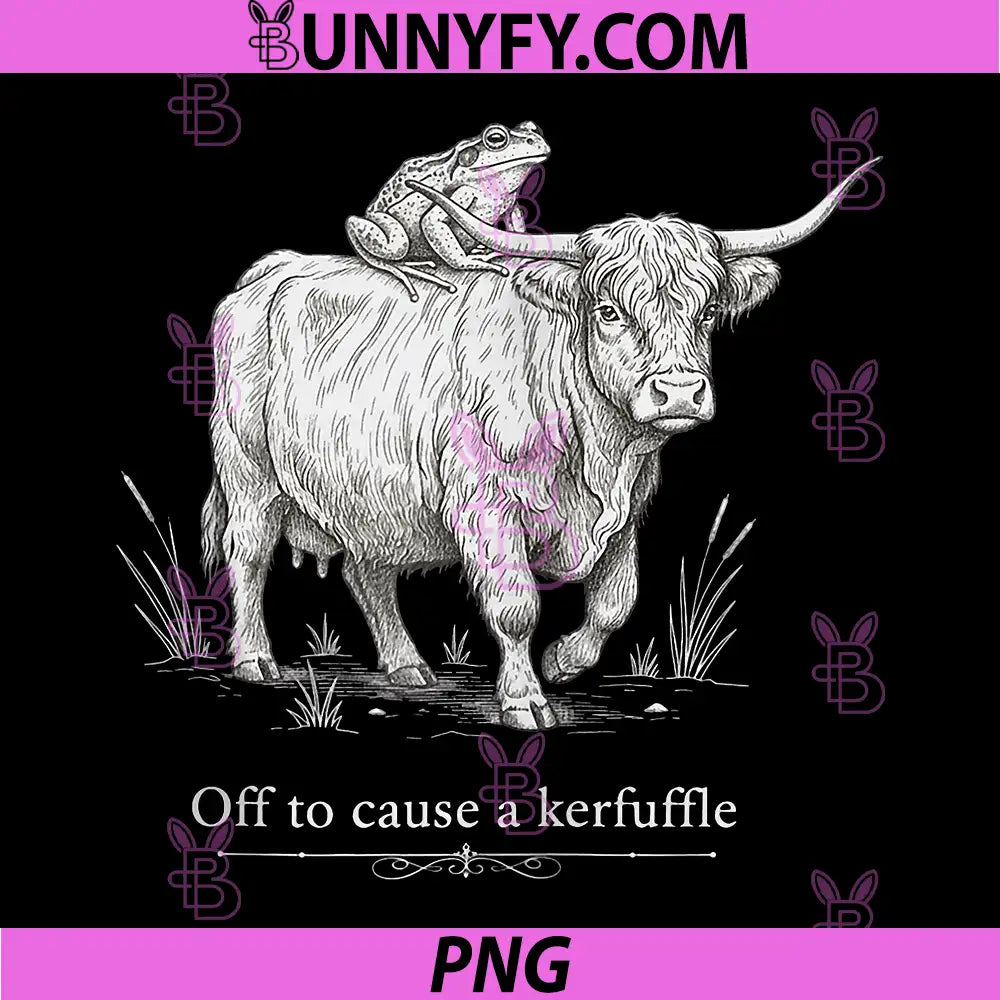 Off to Cause A Kerfuffle PNG, Funny Highland Cow Frog Art Zip PNG
