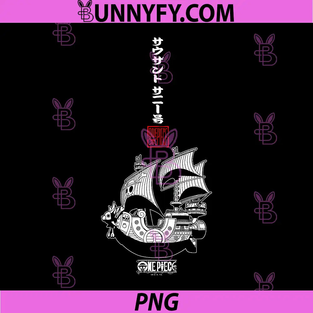 One Piece Anime PNG, Vertical Kanji Thousand Sunny Pirate Ship PNG
