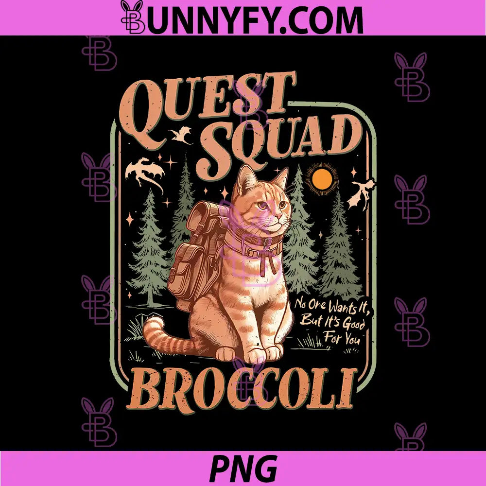Quest Squad Broccoli Adventure Cat PNG, Cute Fantasy Backpack Cat PNG