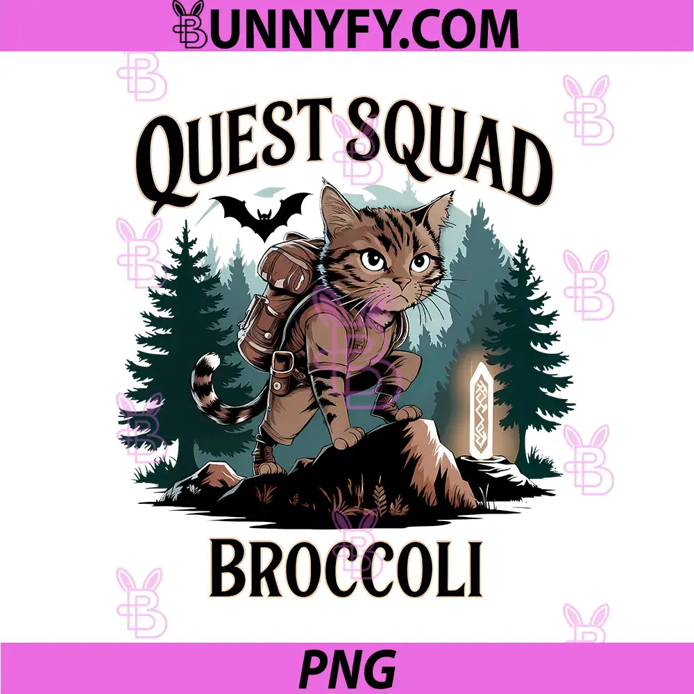 Quest Squad Adventure Cat Art PNG, Broccoli Fantasy Cat PNG