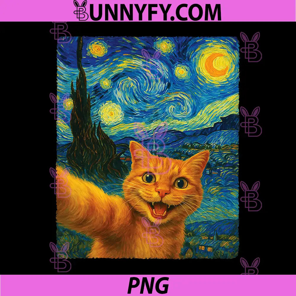 Orange Cat Starry Night Van Gogh PNG, Selfie Cat Mom Cat Lover's PNG