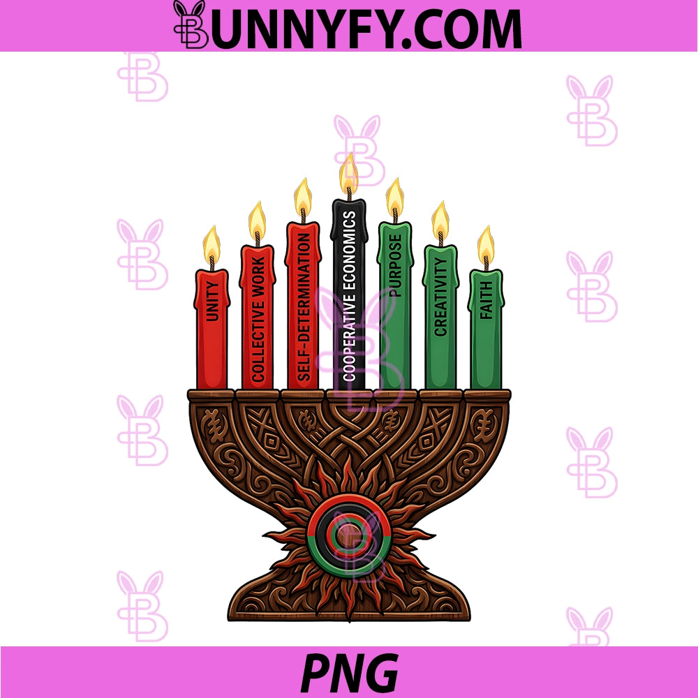 Ornate Wood Kwanzaa Kinara PNG, With Adinkra And Seven Principles PNG