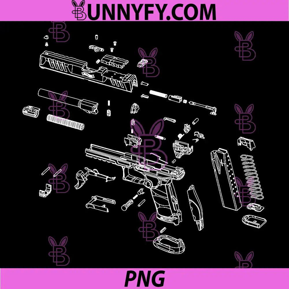 Handgun Exploded Schematic PNG, Pistol Technical Blueprint Art PNG