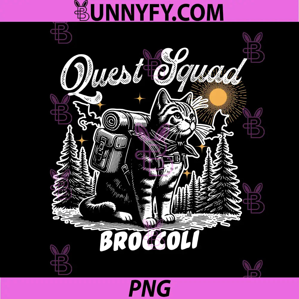Quest Squad Broccoli Cat Adventure PNG, Fantasy Quest Cat Art PNG