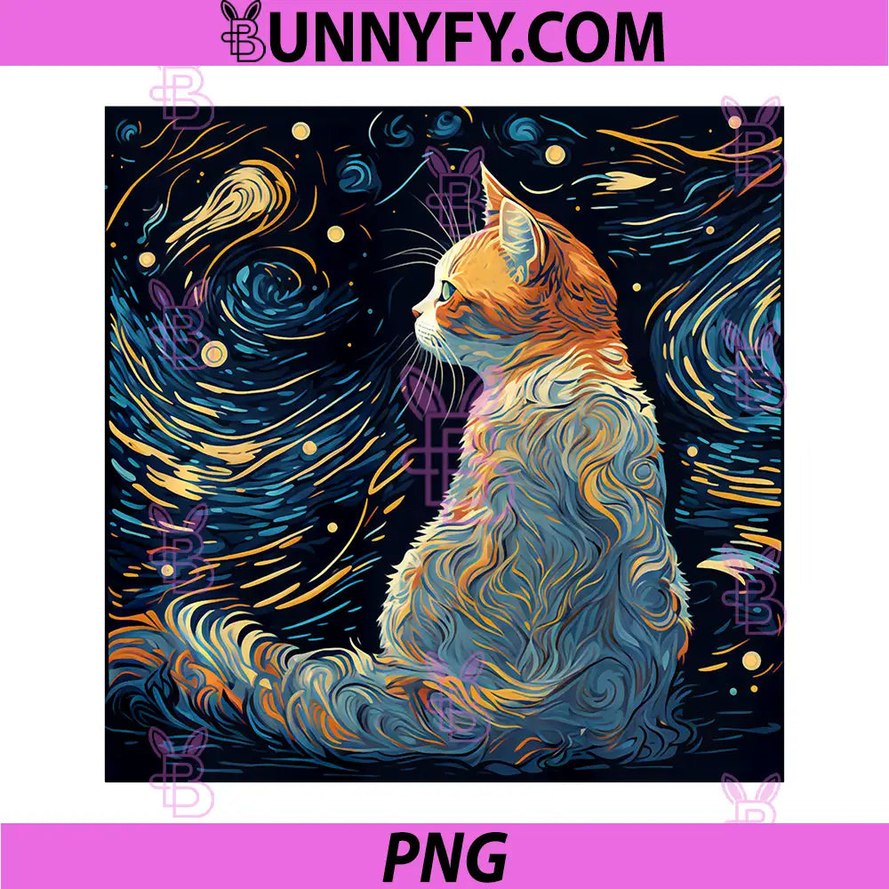 Painting Cat Starry Night Lover Art PNG, Kitty Kitten Van Gogh Performance PNG