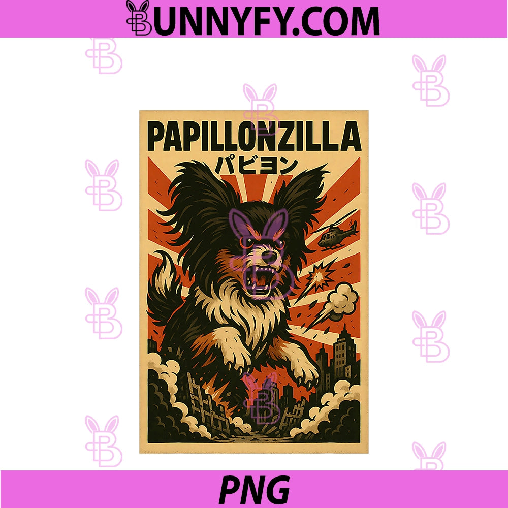 PapillonZilla Parody PNG, Japanese Art Papillon Dog Mom Dad PNG