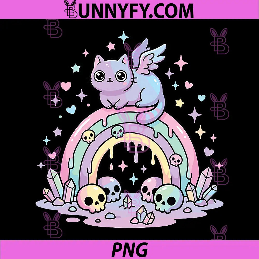 Pastel Goth Japanese PNG, Anime Kawaii Rainbow PNG, Skulls Cute Cat PNG