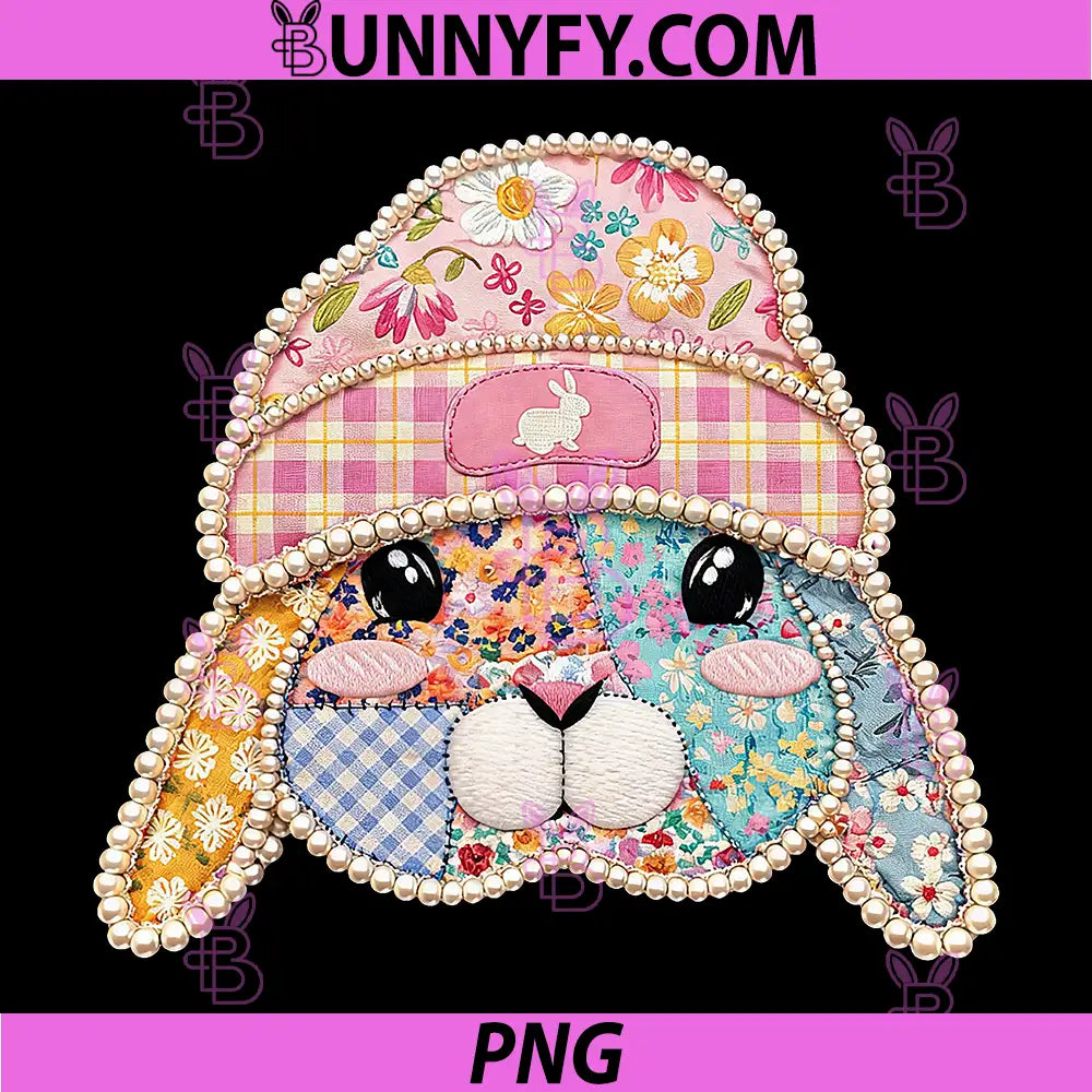 Patchwork Floral Bunny Face PNG, Coquette Easter PNG