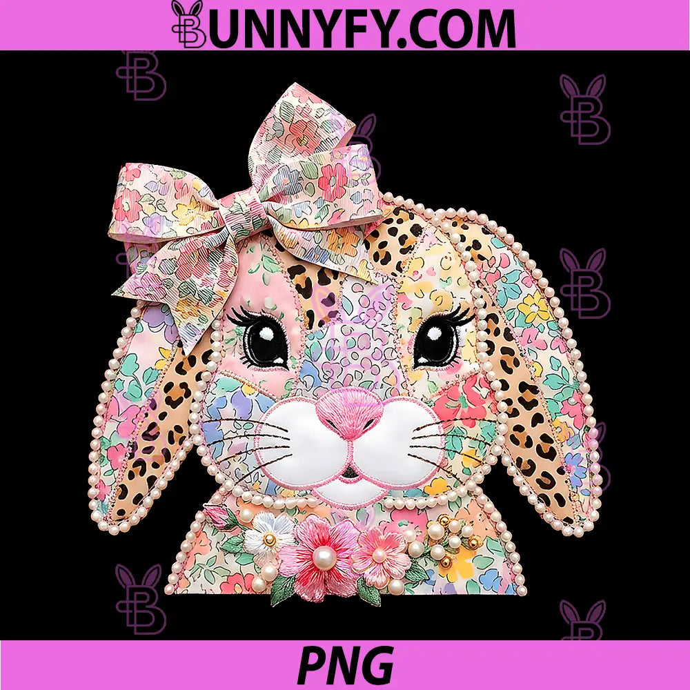 Patchwork Floral Leopard PNG, Bunny Face Coquette Easter PNG