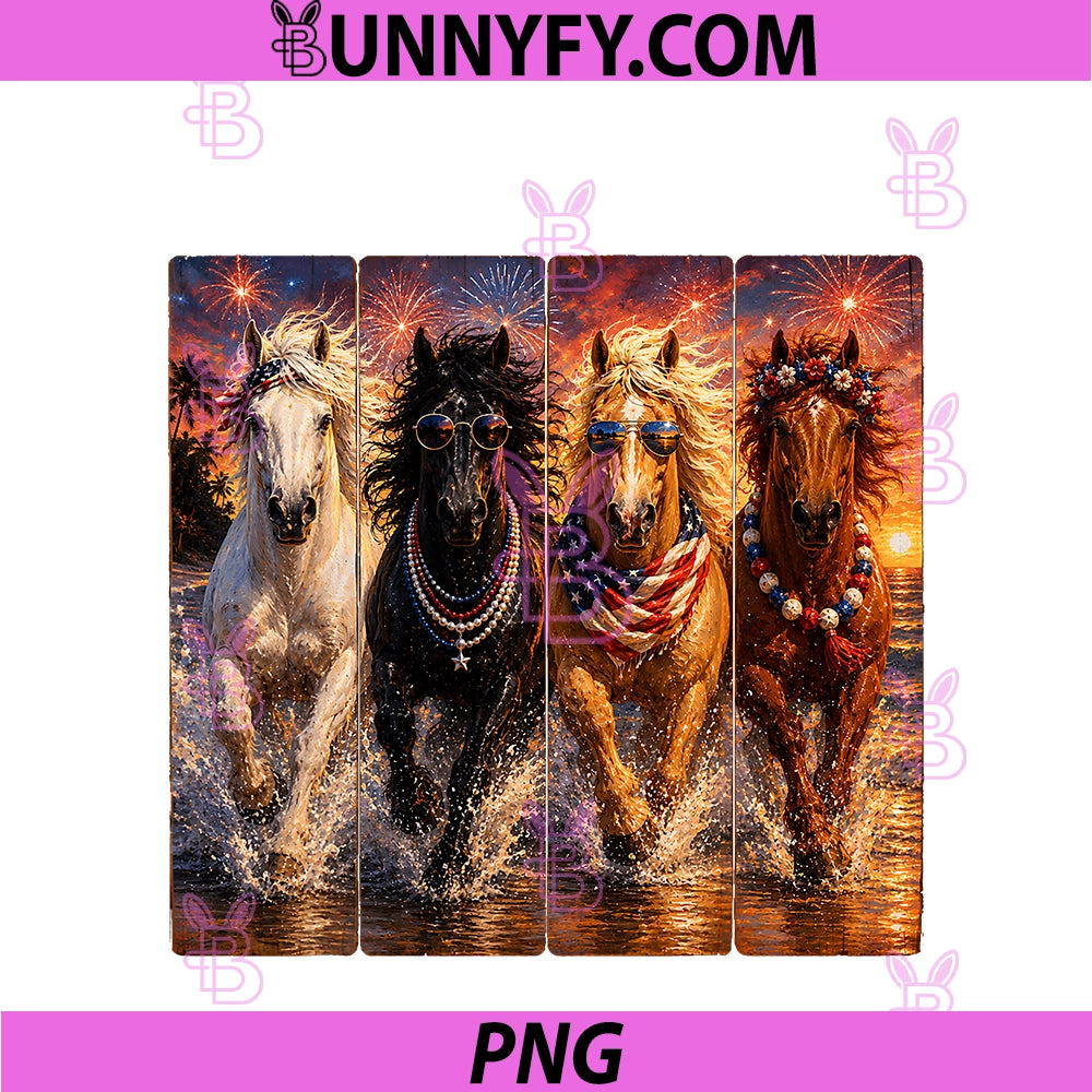 Patriotic Beach Horses PNG, Running Through Sunset 4th Of July PNG