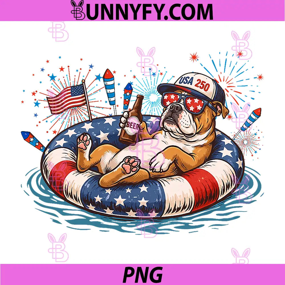 Patriotic English Bulldog Beer PNG, Floatie USA Flag 4th of July PNG