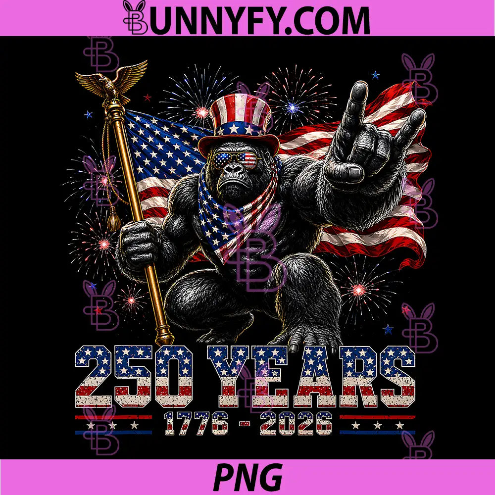 Patriotic Gorilla 250 Years PNG, 1776 2026 4th of July PNG