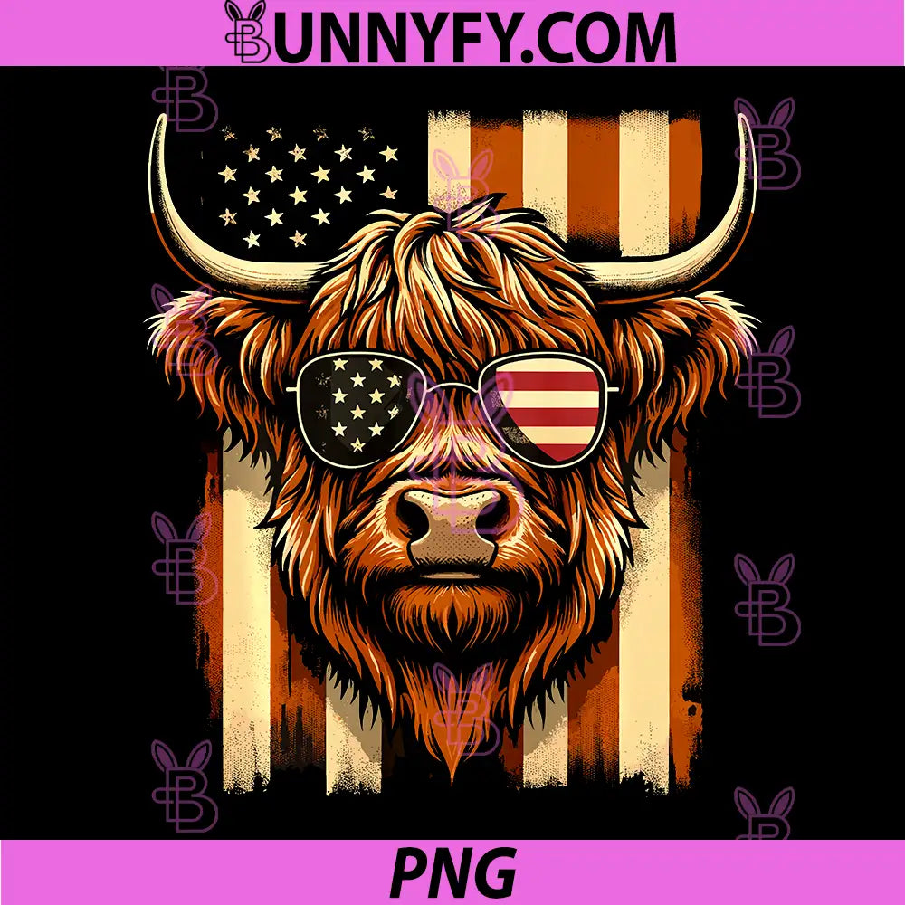 Patriotic Highland Cow USA Flag PNG, 4th of July Performance PNG