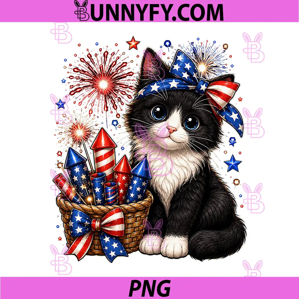 Patriotic Kitten Fourth of July PNG, Fireworks Cat 4th of July PNG