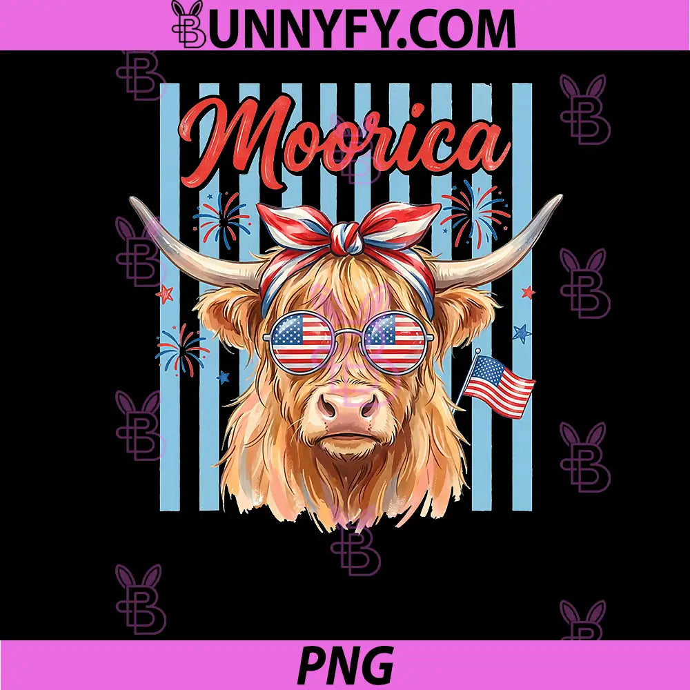 Patriotic Moorica Highland Cow PNG, 4th of July Cow PNG