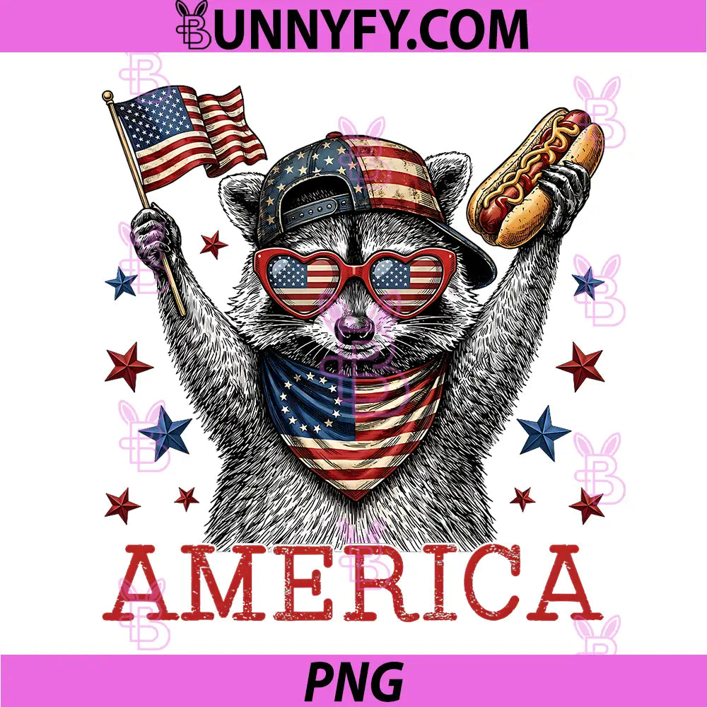 Patriotic Raccoon Sunglasses Hot Dog PNG, America 4th of July PNG