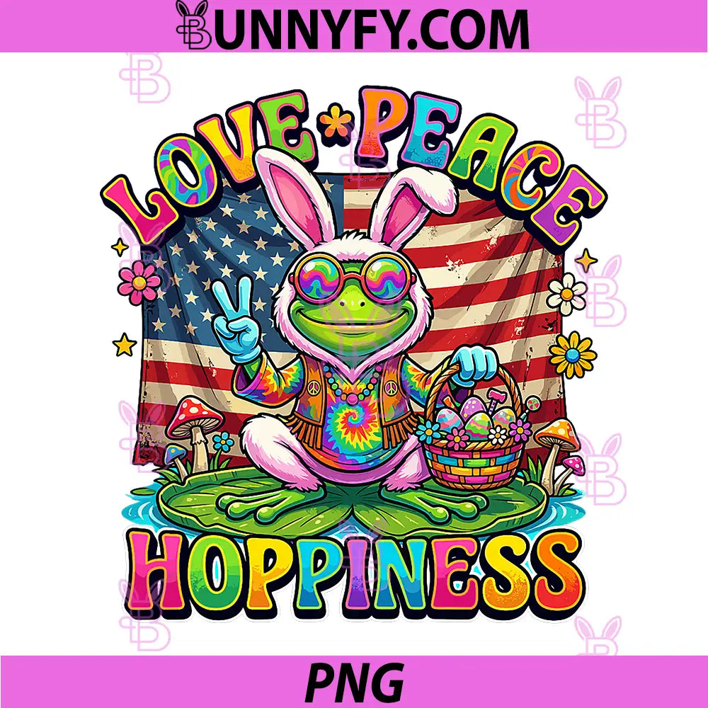Patriotic Retro Easter Frog PNG, Bunny Ears Love Peace Hoppiness PNG