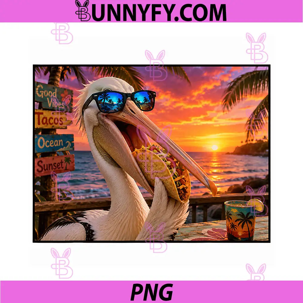 Pelican Taco Sunset Beach PNG, Funny Tropical Bird Art PNG