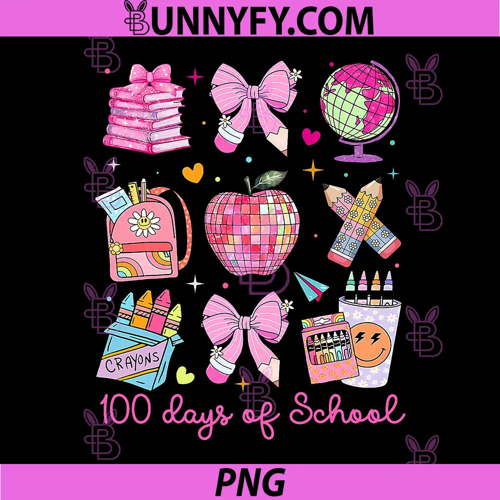 Pink 100 Days of School PNG, Coquette Bow Disco Apple Classroom PNG